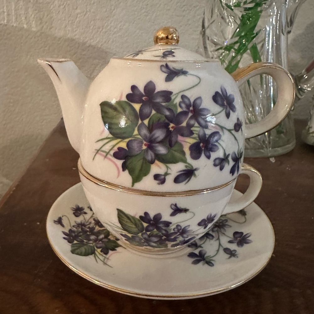 Vintage Tea for One Set with Purple Violas and Gold Trim